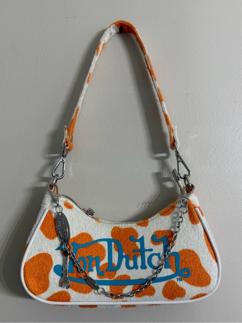 Von Dutch Vegan Pony Hair Orange Cow Print Shoulder Bag